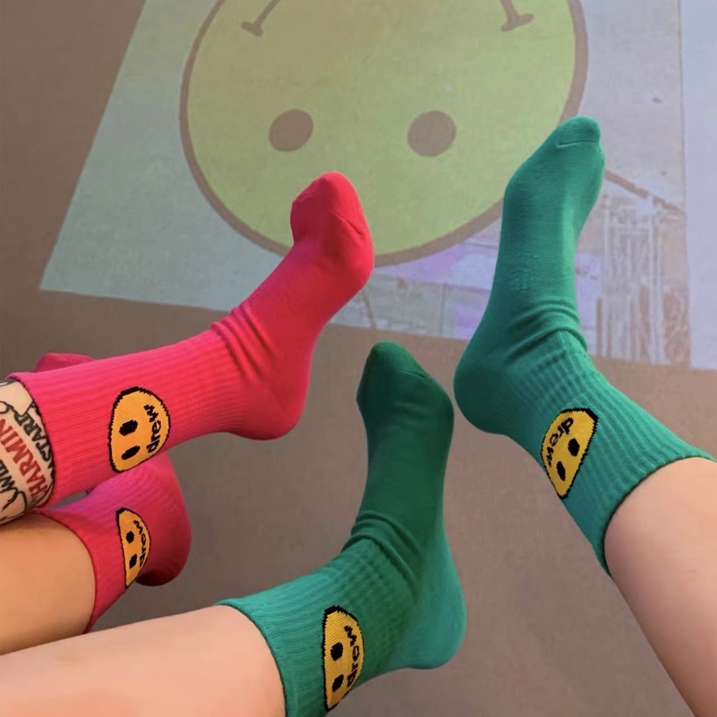 Vớ Thể Thao Cotton Nguyên Chất Hình Mặt Cười Phong Cách Biber Same Style Màu Xanh Da Trời Hồng Nhạt Hợp Thời Trang Cho Nam
