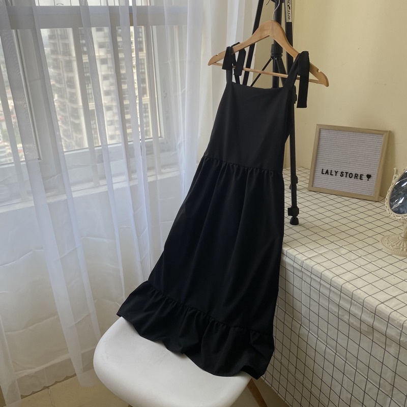 Đầm babydoll nữ , váy 2 dây dáng dài hở lưng buộc nơ vai LALY V03