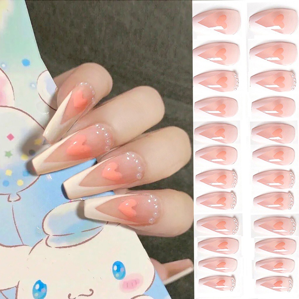 [Hàng mới về] Set 24 móng tay giả họa tiết trái tim thiết kế hợp thời trang xinh xắn