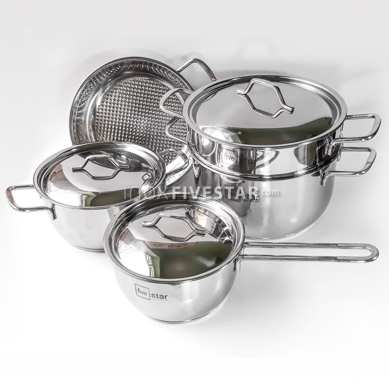Bộ 5 Nồi Xửng Quánh Chảo 3 Đáy Inox 430 Fivestar Vung Inox ✅ Dùng được bếp từ, Bảo Hành 5 Năm