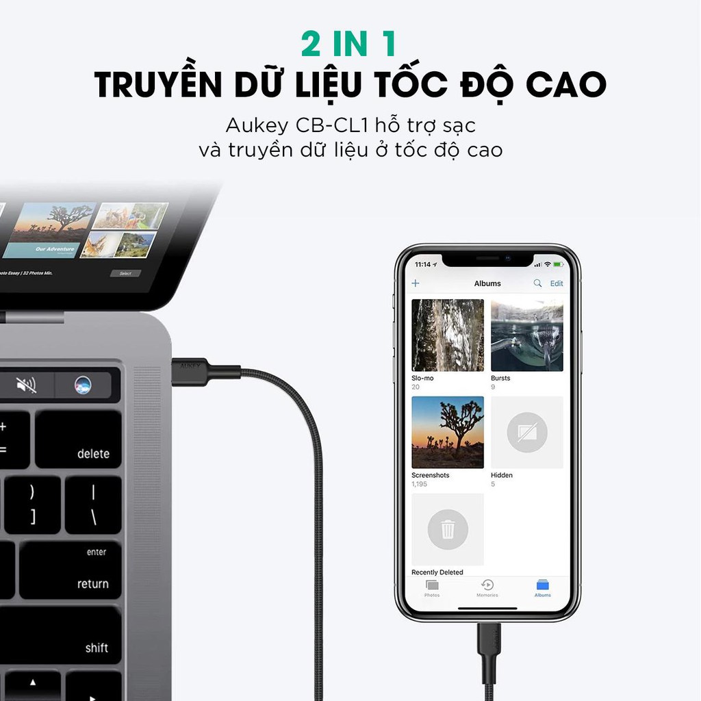 Cáp Sạc Type C To Lightning Aukey CB-CL1 Chuẩn MFi Apple Bện Lưới Nylon Siêu Bền Dài 1,2 Mét - Hàng Phân Phối Chính Hãng