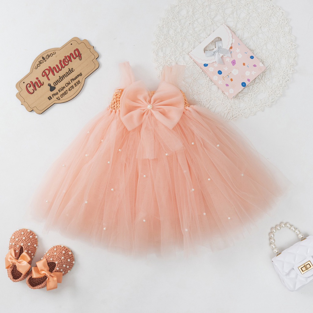 Đầm công chúa tutu nơ màu cam sữa , dành cho bé từ sơ sinh đến 8 tuổi