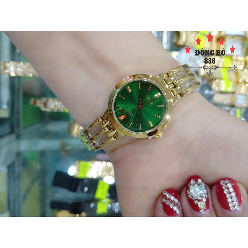Đồng hồ Nữ Halei máy Nhật chính hãng mặt saphia tròn 25mm dáng lắc dây thép vàng mặt xanh lá chống gỉ chống nước | BigBuy360 - bigbuy360.vn