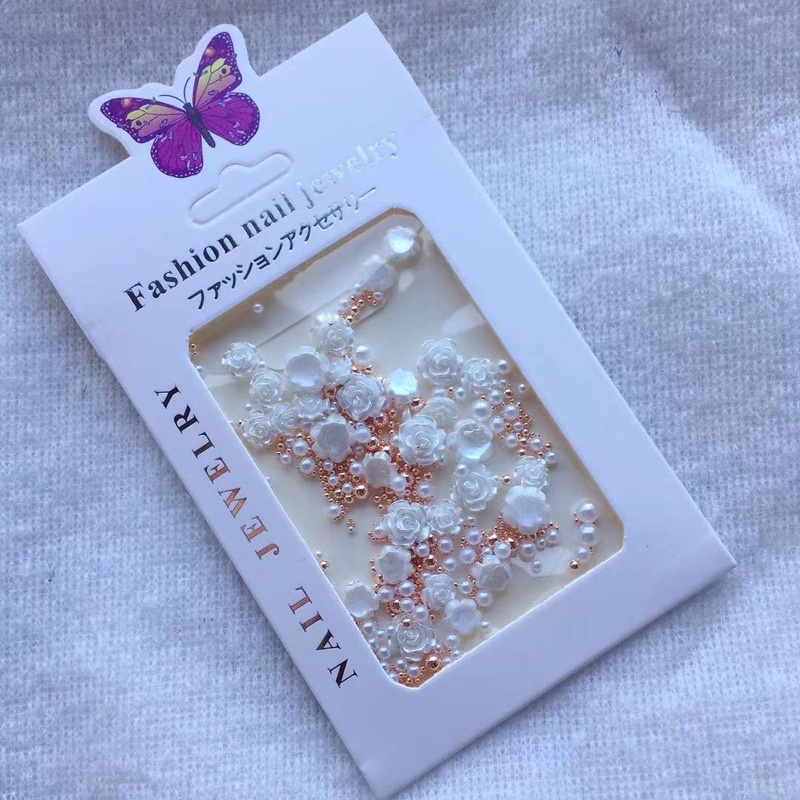 phụ kiện hoa HỒNG mix bi trang trí móng tay nail vàng bạc hồng