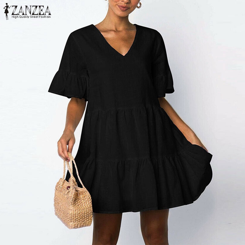 ZANZEA Đầm Nữ Tay Ngắn Cổ V Thời Trang Quyến Rũ