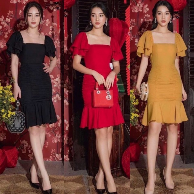 Đầm váy thun thiết kế đuôi cá xoè tay ngắn dún/nhúng eo diện tiệc - đi làm (có nhiều size và màu)