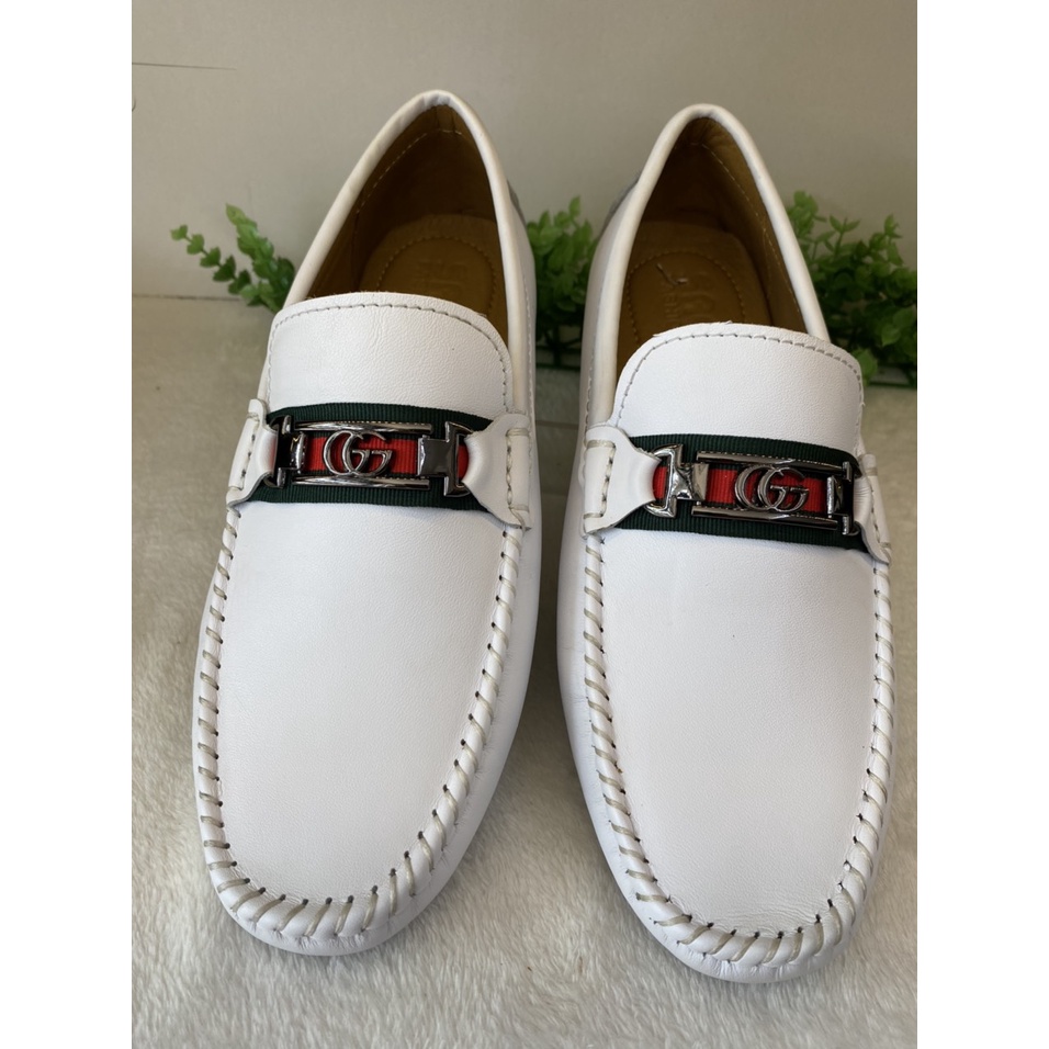 Giày Mọi Trắng Nam Da Bò Thật-Giày Lười Da Cao Cấp Màu Trắng  -MT20 Giày SAGO’S tặng 1 vớ BH 12 tháng