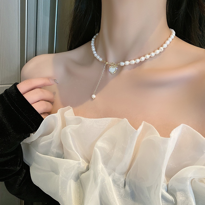 Vòng Cổ Chuỗi Ngọc Trai Hình Trái Tim Phối Tua Rua Thời Trang Cao Cấp