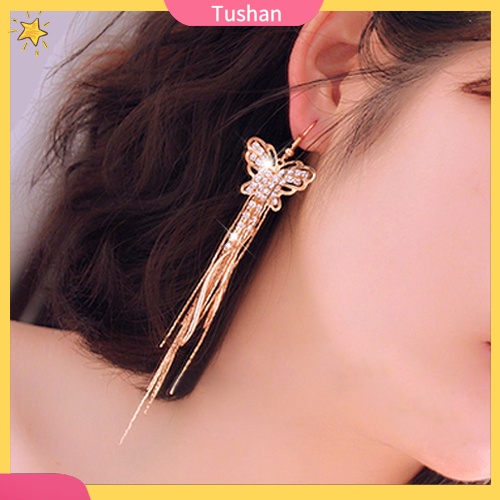 Đôi khuyên tai tua rua dài hình bươm bướm đính đá thời trang cho nữ