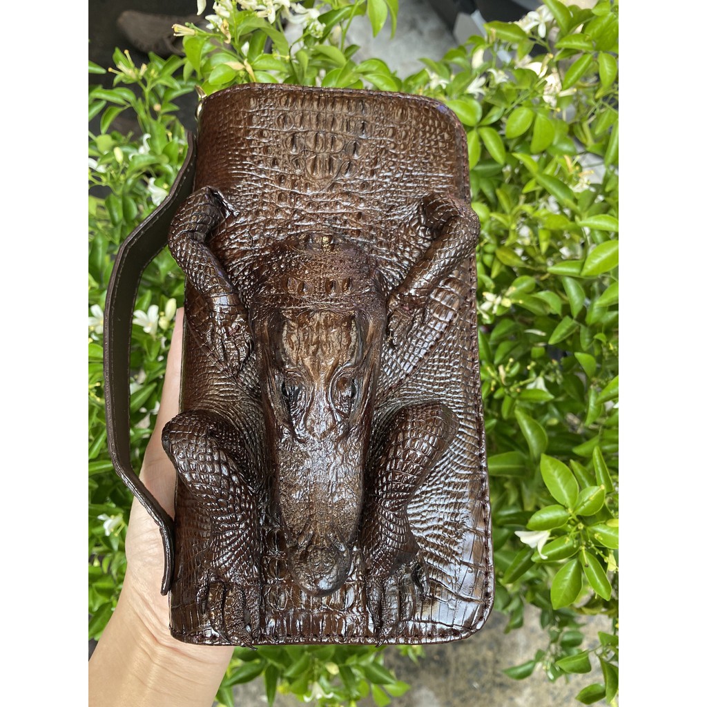 VÍ CẦM TAY NGUYÊN CON CÁ SẤU THẬT 100% 2 DÂY KÉO 22X12CM