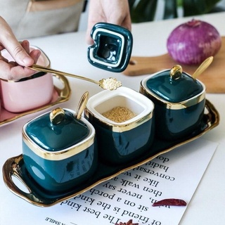 Bộ hũ đựng gia vị gốm sứ (kèm khay sứ) sang trọng phong cách Bắc Âu