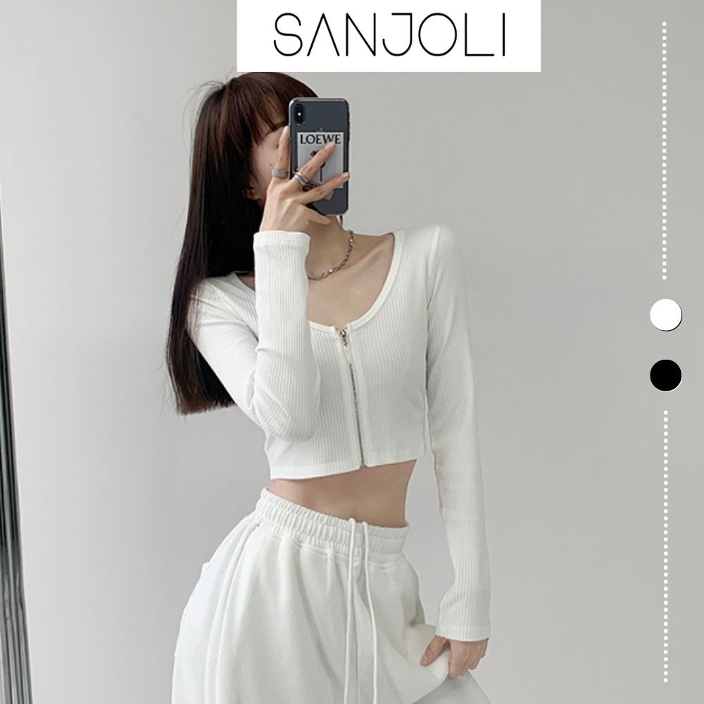 Áo croptop ôm tay dài Sanjoli kiểu nữ body sexy cổ tim dây kéo đẹp bánh bèo trắng đen AO036