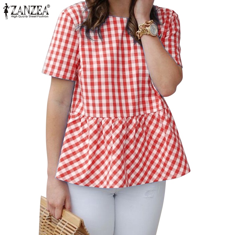 Zanzea Áo Sơ Mi Tay Ngắn Viền Bèo Họa Tiết Sọc Caro Phong Cách Châu Âu Thời Trang