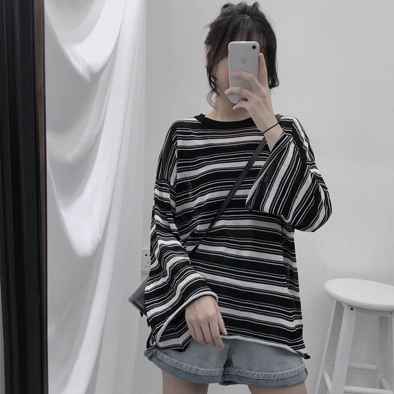 Áo Phông Nữ Dài Tay Kẻ Ngang Mặc 4 Mùa Dáng Rộng Cute, Áo Pull Dài Tay Dễ Mix Đồ , Hàng Quảng Châu - TG14