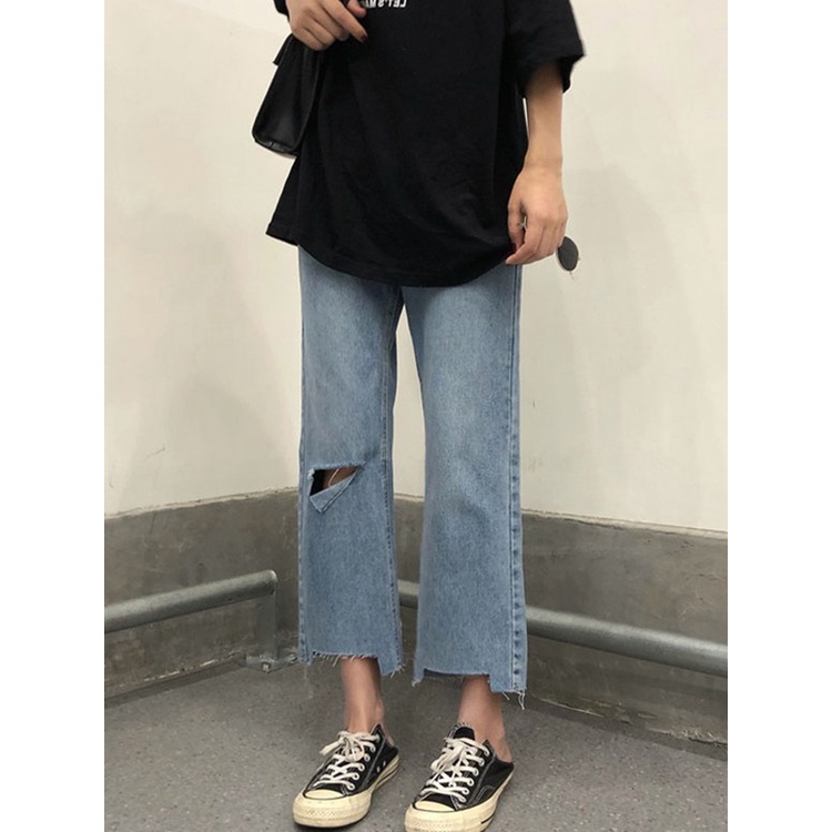 Quần Jean Baggy Xanh Nữ Rách Gối Phải Rách Gấu Vuông Phong Cách Đường Phố