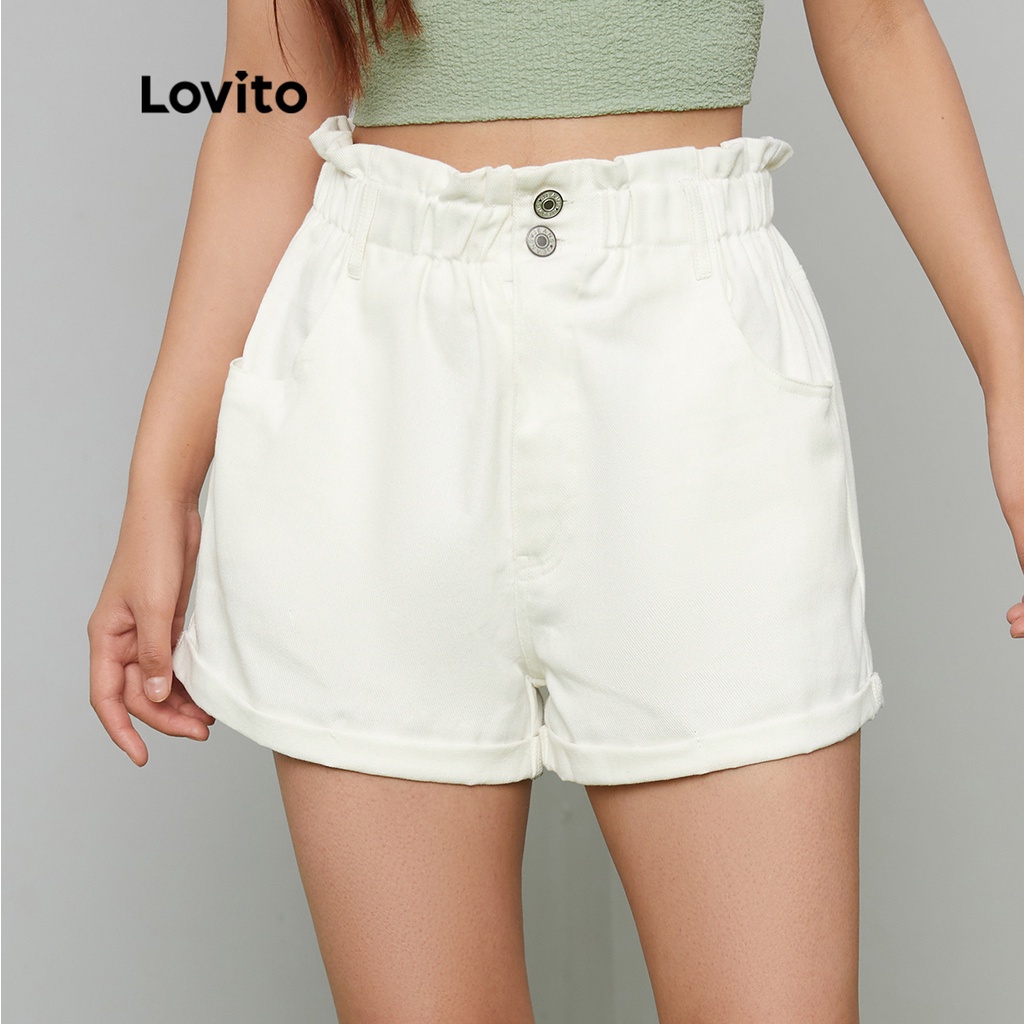 Quần short denim Lovito cạp túm xoè màu trắng trơn vải nhăn phong cách thường ngày L27ED069 (màu trắng)