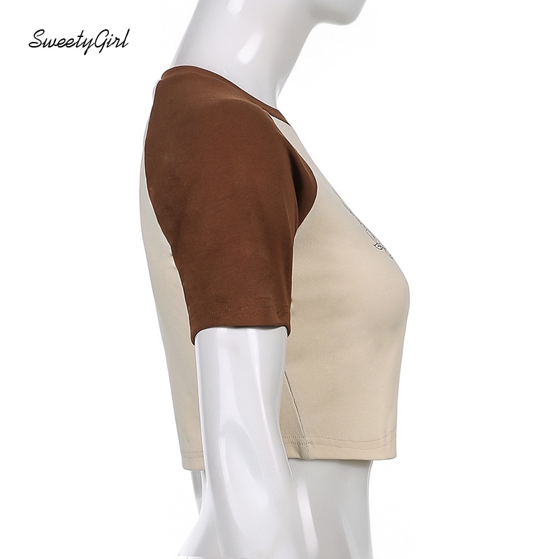 Áo Croptop Tay Ngắn Cổ Tròn Màu Sắc Tương Phản In Họa Tiết Thiên Thần Độc Đáo Thời Trang Cho Nữ