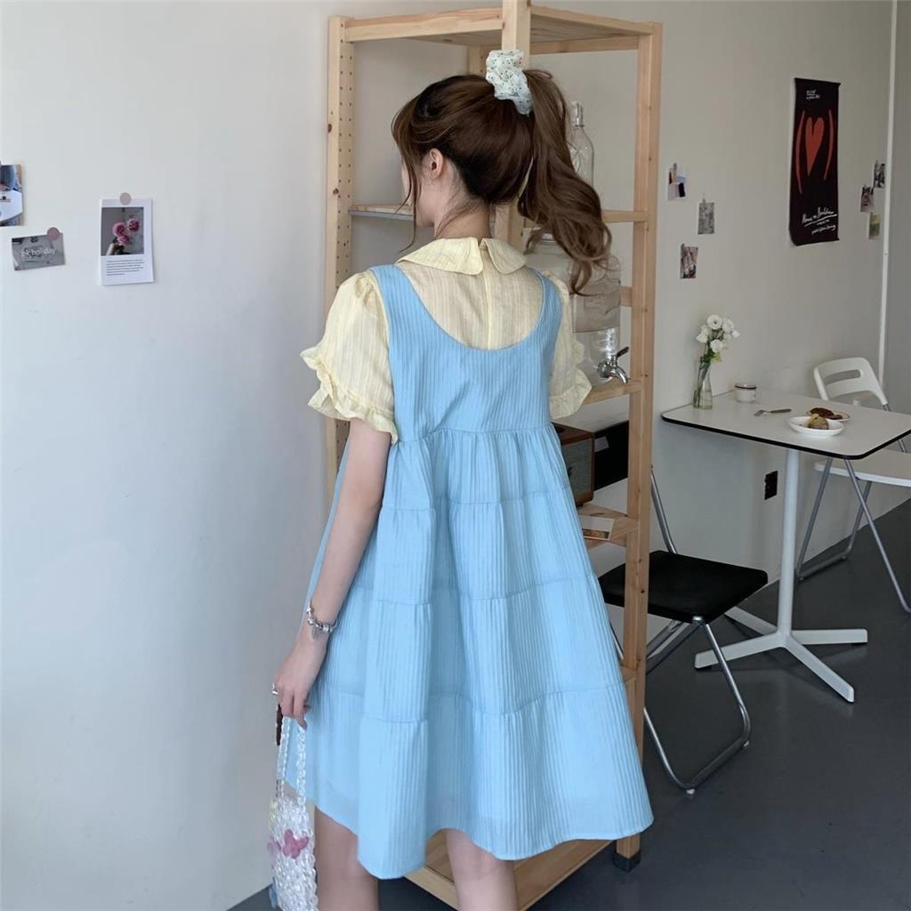 Set Áo Sơ Mi Cổ Búp Bê Và Đầm Yếm Hai Dây Thời Trang Nữ Tính