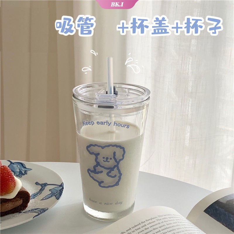 Bình Nước Thủy Tinh Trong Suốt Dung Tích 450ml In Hình Chú Chó Xanh Dương Dễ Thương Phong Cách Hàn Quốc Dành Cho Nữ