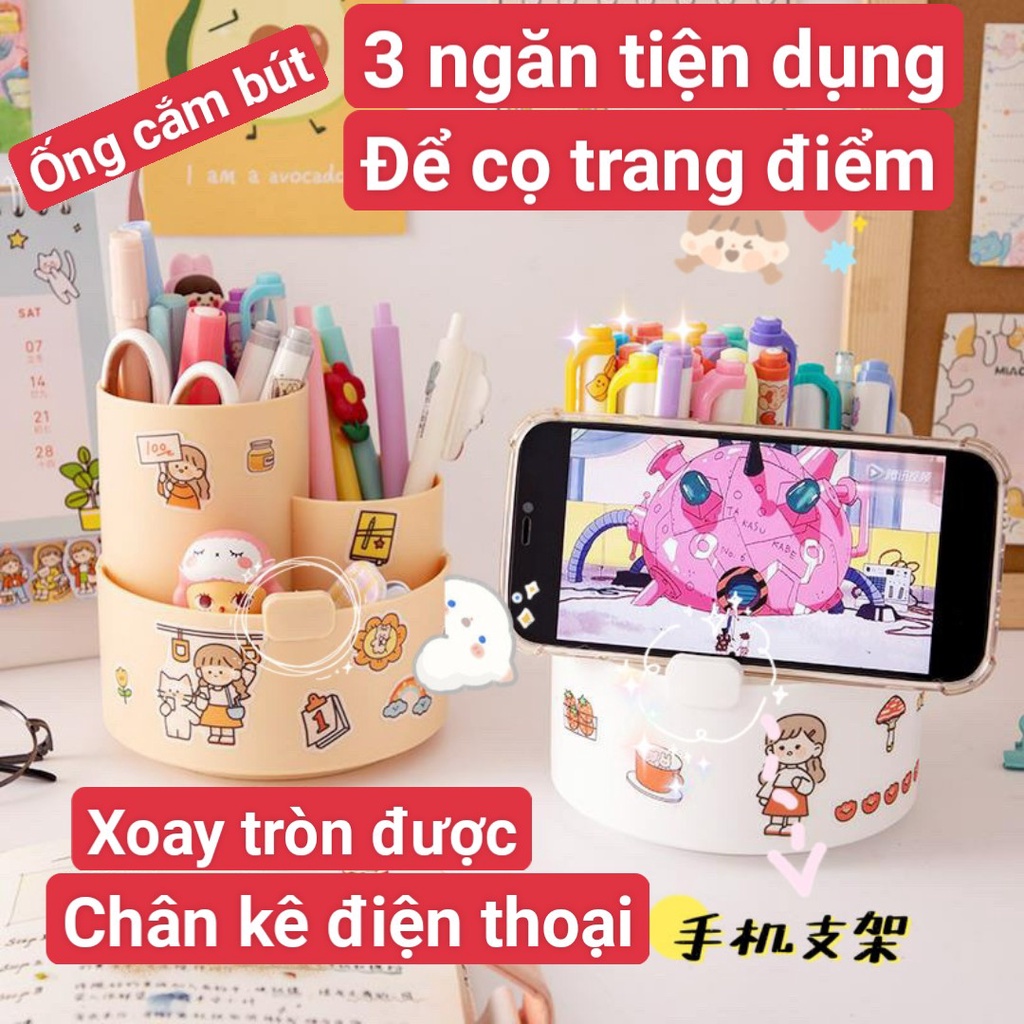 Ống bút để bàn hộp đựng bút bằng nhựa xoay đươc có giá kê diện thoại cắm viết decor