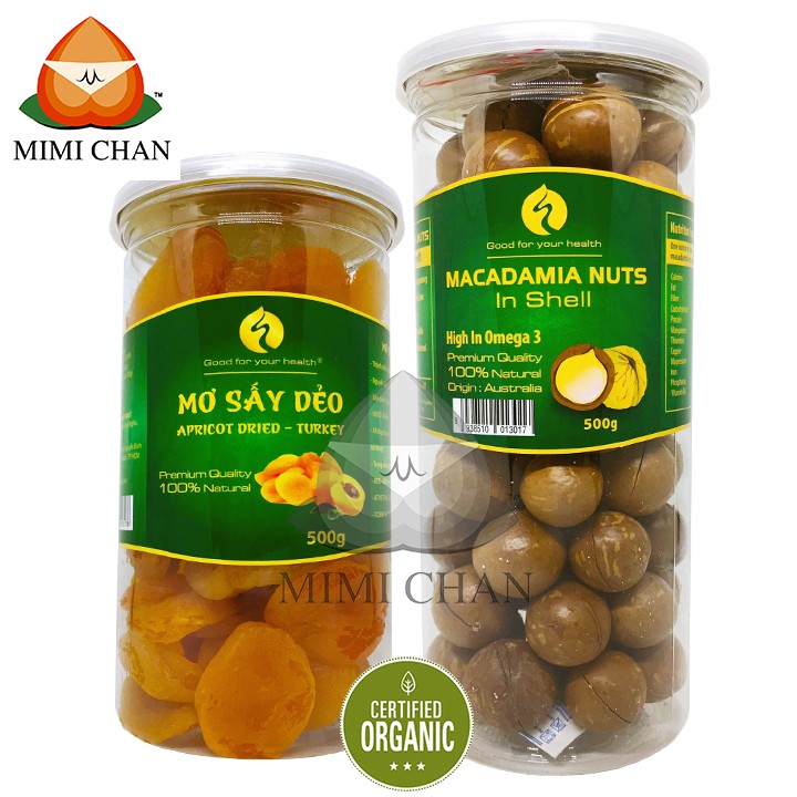 Combo Hạt Macca Úc Nứt Vỏ 500gr, Tặng Kèm Miếng Tách Vỏ, Mơ Khô Sấy Dẻo Thổ Nhĩ Kỳ 500gr