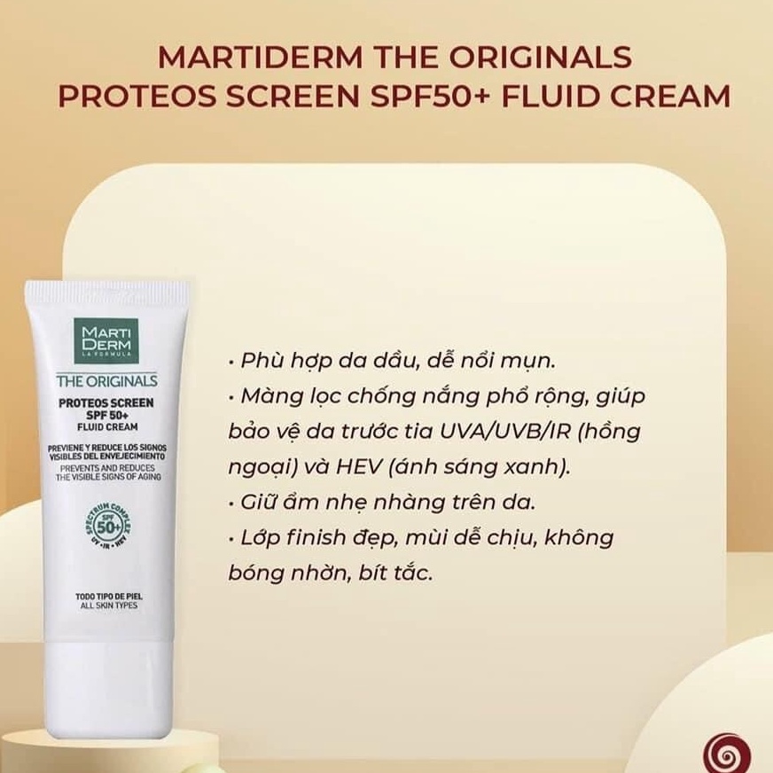 Kem chống nắng phổ rộng MartiDerm The Originals Proteos Screen SPF50 bảo vệ da toàn diện cho làn da dầu, da nhạy cảm