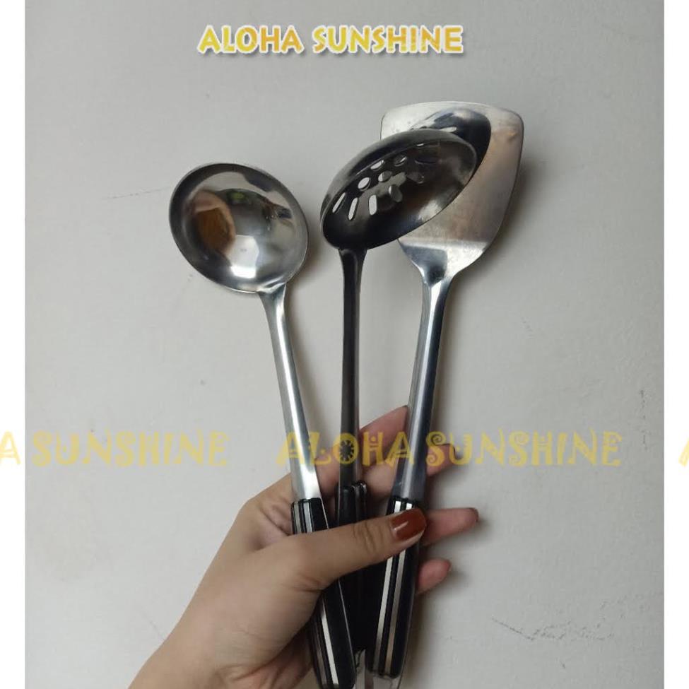 Set Vá đặc, Vá lỗ, Xẻng đặc inox Bam House cán nhựa đen cao cấp siêu bền SCD15 - Gia dụng bếp