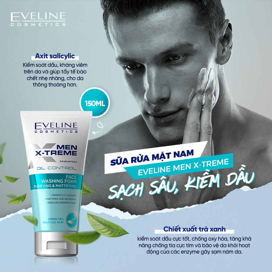 Sữa rửa mặt nam Eveline Men X-treme sạch sâu, kiềm dầu 150ML