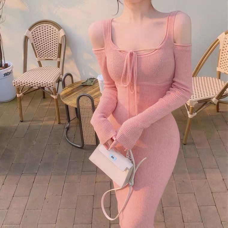 Sexy open shoulder Pink Knit bottomed dress 2022 autumn women's French Vintage Hepburn dress
