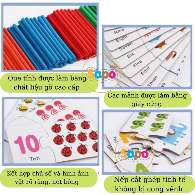 Bộ thẻ học ghép số kèm que tính giúp bé học đếm,đồ chơi toán học Montessori