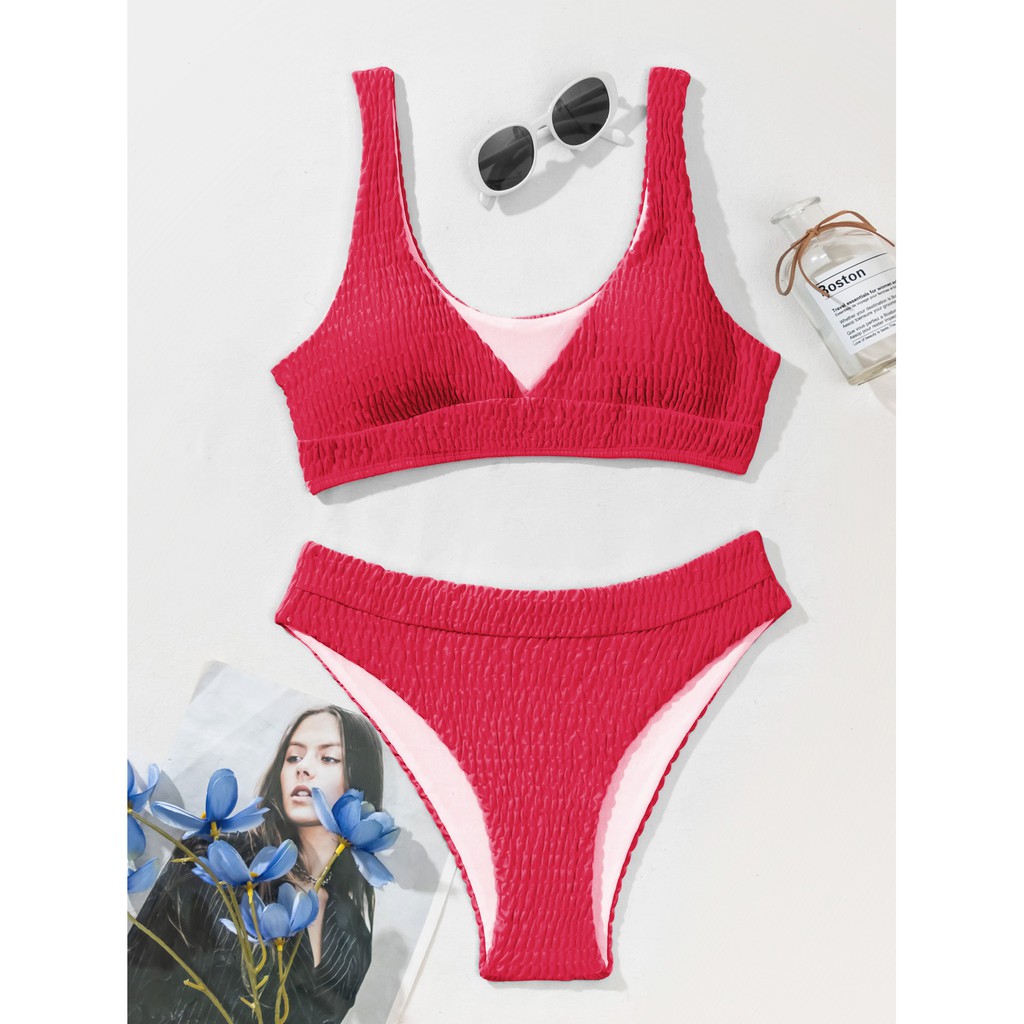 Bikini kiểu xếp ly cổ chữ V màu trơn cho nữ Zms35 | BigBuy360 - bigbuy360.vn