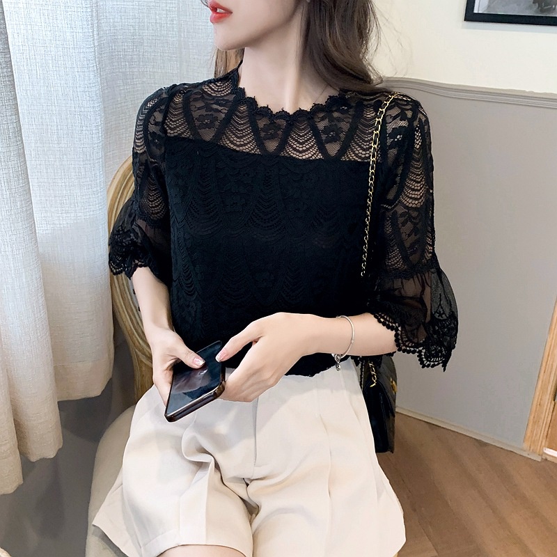 Áo Chiffon Nữ Phối Ren áo sơ mi ren nữ áo ren tay ngắn