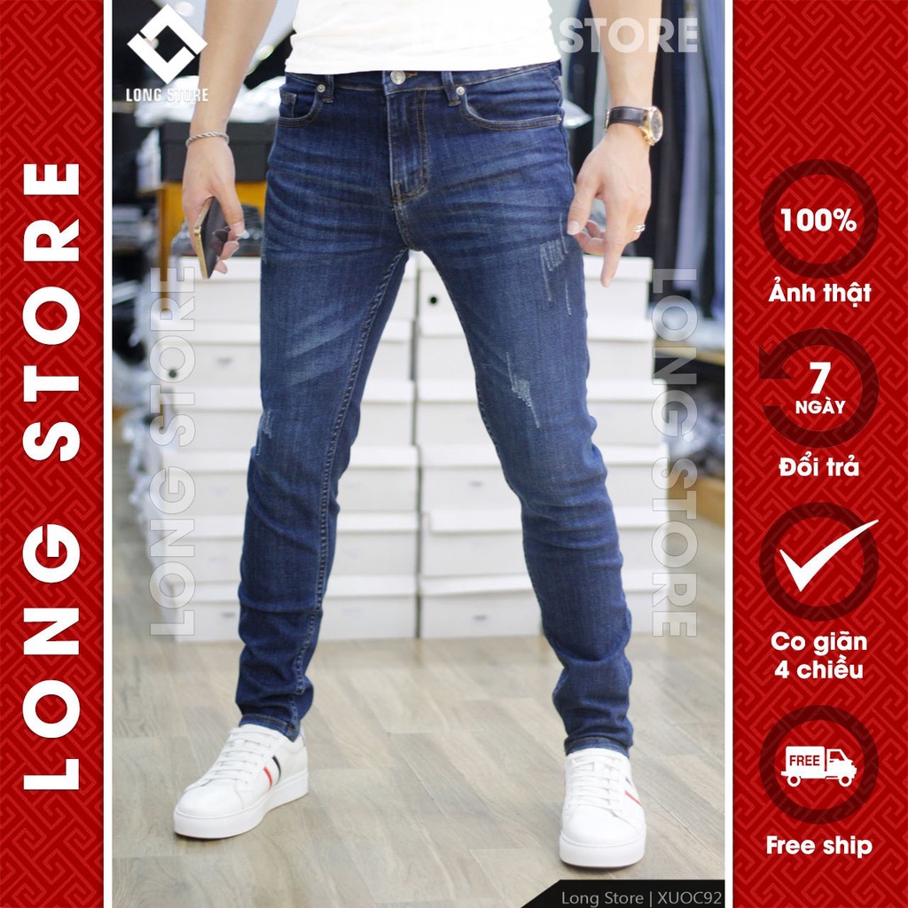 Quần jean nam xước chất bò cao cấp ống đứng dáng ôm skinny co giãn màu xanh đậm LONGARES Xuoc92