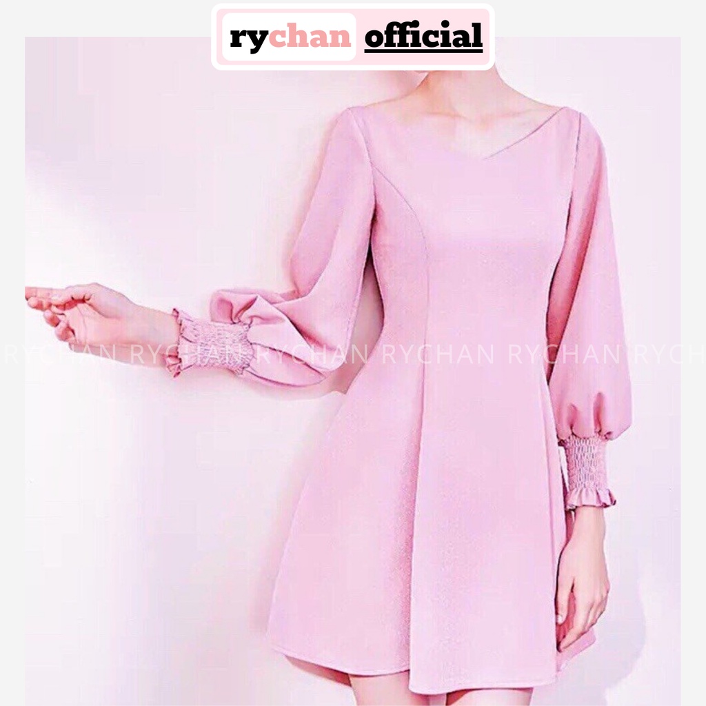 Đầm Công Sở Cổ V Tay Dài Thanh Lịch, Váy Nữ Dạo Phố Xem Phim Hẹn Hò Form Xòe Đáng Yêu Màu Hồng [ẢNH THẬT CUỐI] - DX9762