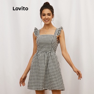 1221de-Đầm Lovito cổ vuông diềm cánh tay xếp nếp kẻ sọc caro phong cách thường ngày L19D282 (màu đen)