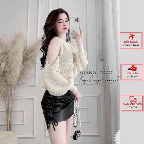 Áo len nữ lệch vai trắng cánh dơi tay thụng ulzzang Hàn Quốc thu đông