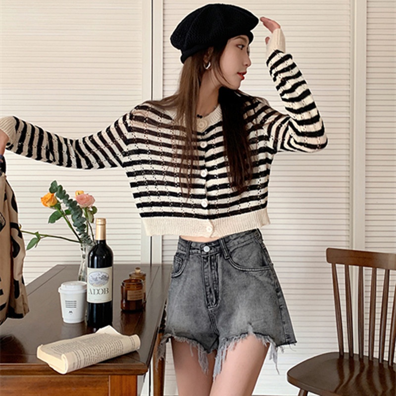 Áo cardigan dệt kim ZHELIHANGFEI tay dài eo cao họa tiết sọc đơn giản cá tính