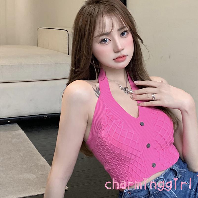 Áo Croptop Dệt Kim Sát Nách Cổ Chữ V Màu Trơn Cài Nút Thời Trang Cho Nữ