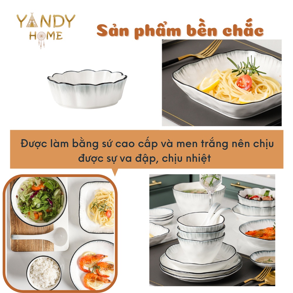 Bát đĩa tô chén gốm sứ YANDY HOME BB15 chất men cao cấp trắng đen viền mưa sang trọng siêu dày dặn