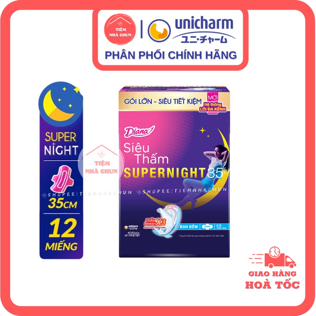 Gói 12 Miếng Băng Vệ Sinh Diana Super Night Siêu Thấm Có Cánh siêu tiết kiệm HÀNG CHÍNH HÃNG