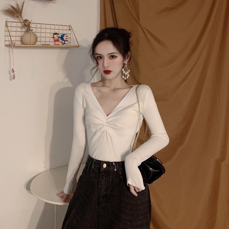 Áo Sweater Tay Dài Cổ Chữ V Form Ôm Phong Cách Hàn Quốc Dễ Phối Đồ Với 8 Màu Lựa Chọn | BigBuy360 - bigbuy360.vn