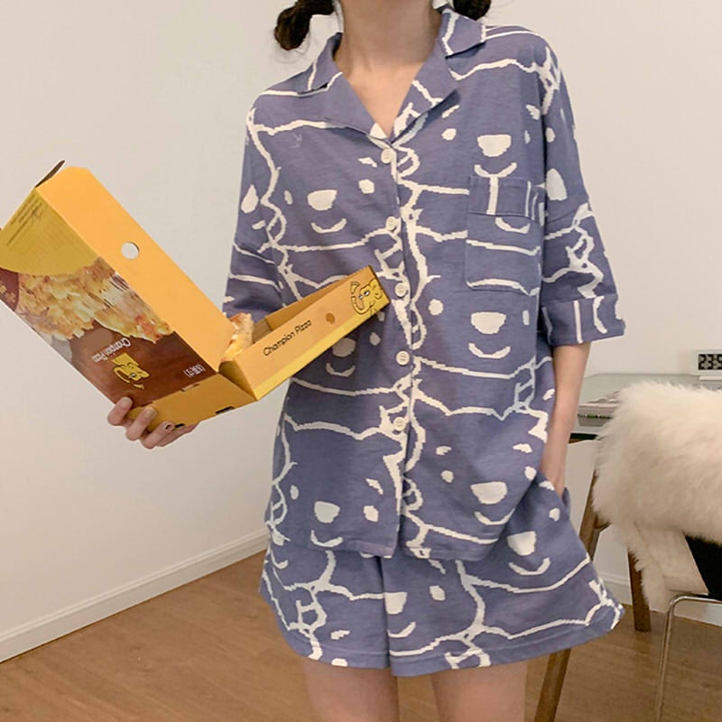 SUSQ1 Quần sooc đùi short ngắn áo cổ vest form rộng unisex Đồ bộ Pijama nam nữ ngủ mặc nhà gấu xanh trắng cộc tay cute | BigBuy360 - bigbuy360.vn