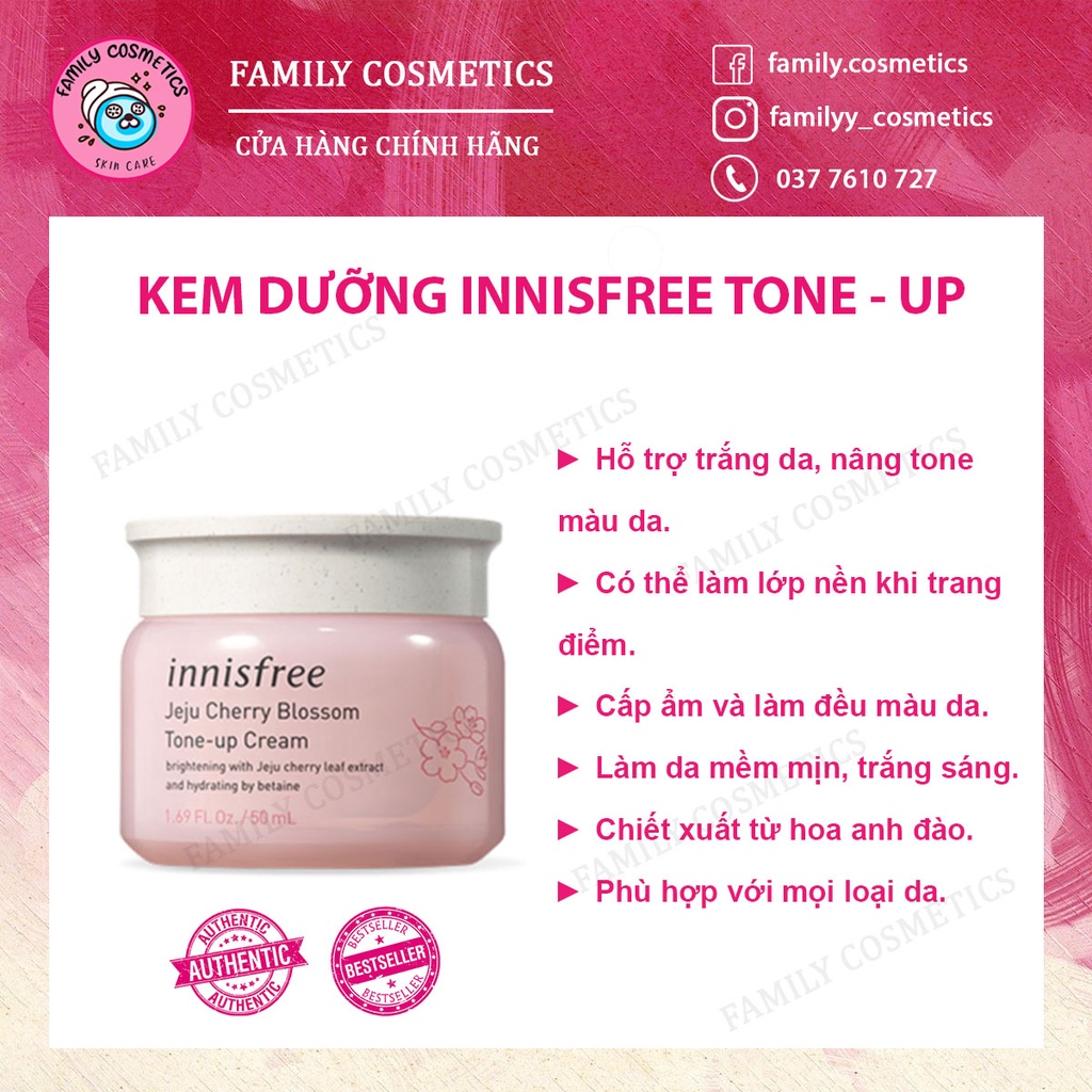 Kem dưỡng ẩm trắng sáng da hoa anh đào đảo Jeju innisfree Cherry Blossom Tone Up Cream 50ml - Family Cosmetics