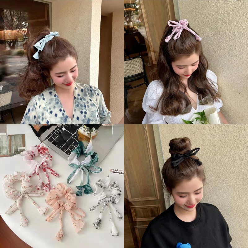 Dây Cột Tóc Bản Lớn Màu Trơn Thiết Kế Hình Nơ Xinh Xắn Cho Nữ