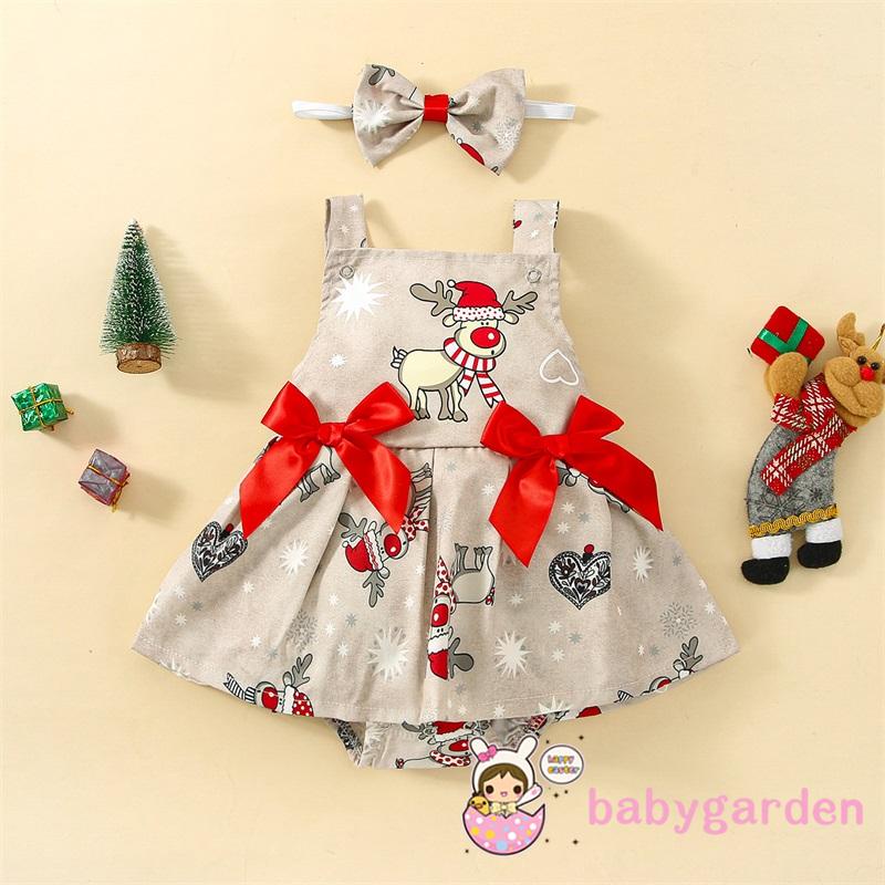 Bộ Áo Liền Quần + Đầm Sát Nách In Họa Tiết Giáng Sinh + Băng Đô Cài Tóc Xinh Xắn Cho Bé Gái 0-3 Tuổi