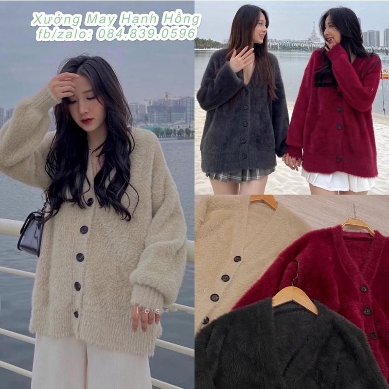 Áo cardigan len dáng dài form rộng lông thỏ, áo khoác cardigan hàng quảng châu dầy dặn ảnh thật - Xưởng May Hạnh Hồng -