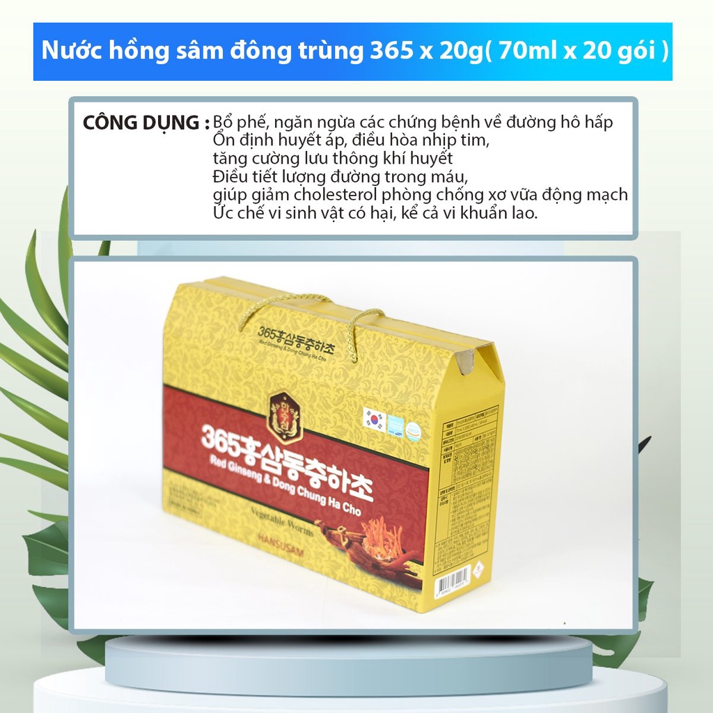 Nước Hồng Sâm Đông Trùng Hạ Thảo 365 HANSUSAM, Hộp 20 gói x 70ml,Chính hãng Sâm Hàn Quốc
