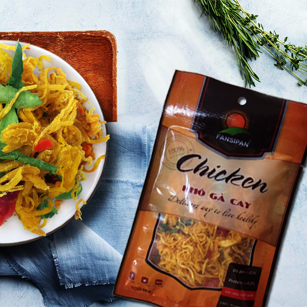 Khô gà lá chanh Fansipan 50g - khô gà lá chanh cay loại 1, thơm ngon không chất độn đảm bảo An toàn vệ sinh Thực phẩm | BigBuy360 - bigbuy360.vn