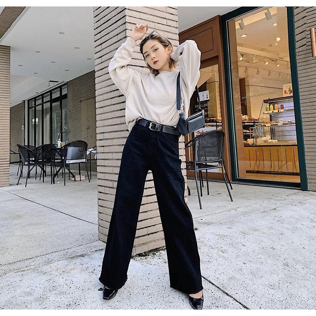 Quần jeans ống rộng đen gấu cắt tua
