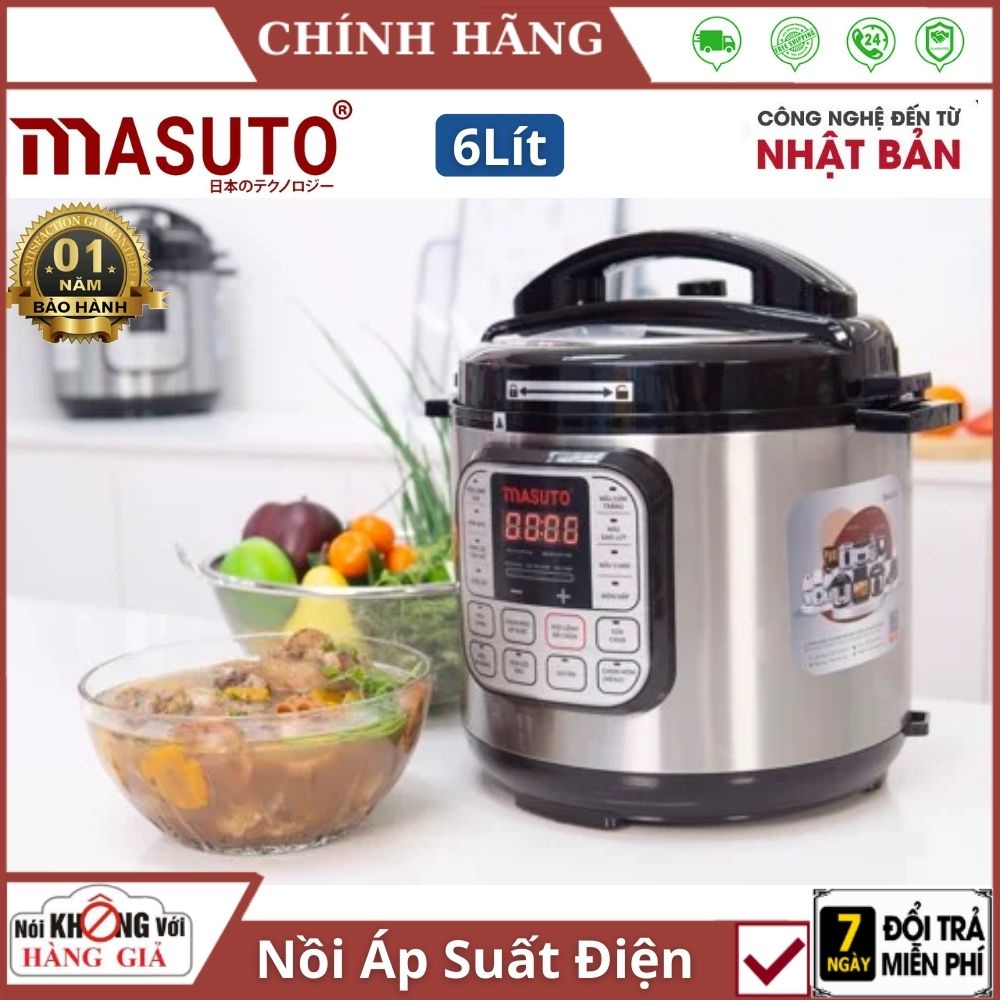 Nồi áp suất điện Masuto 6L thông minh , đa năng 7 trong 1 công suất lớn 1000W công nghệ nhật bản , bảo hành 12 tháng